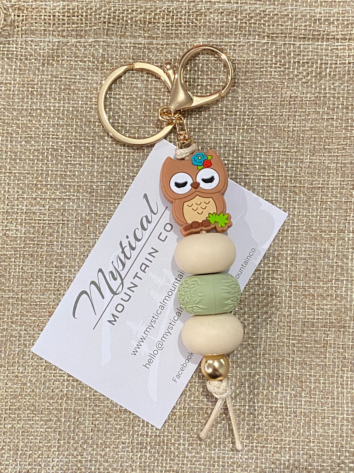 Key Ring - Cutie Owl / Green Embossed / Beige