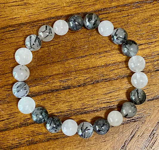 Bracelet - Black Rutilated Quartz & White Quartz - 8mm round stone