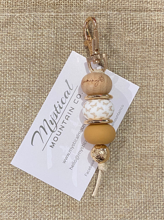 Key Ring - ‘Blooming’ Wood / Butterflies / Tan