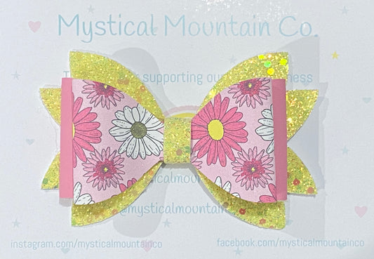 Bow (triple layer) - Pink / White Flowers with sunshine yellow