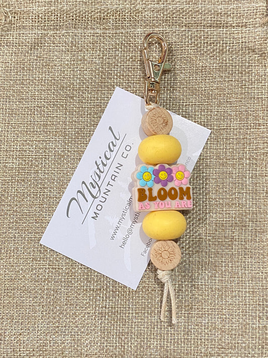 Key Ring - ‘Bloom as you are’  / Yellow / Sunflower print wood