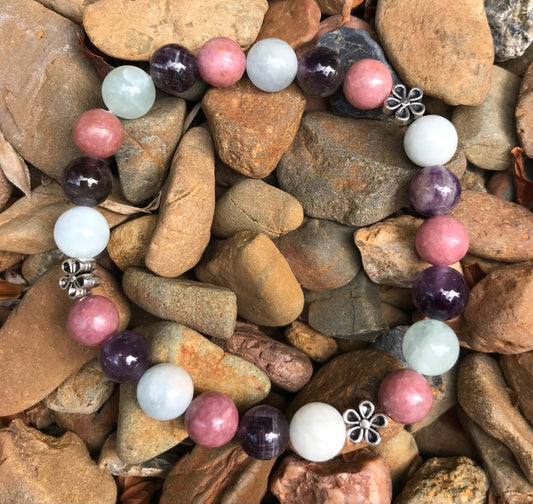 Bracelet - Aquamarine / Amethyst / Pink Rhodonite - 8mm round stone